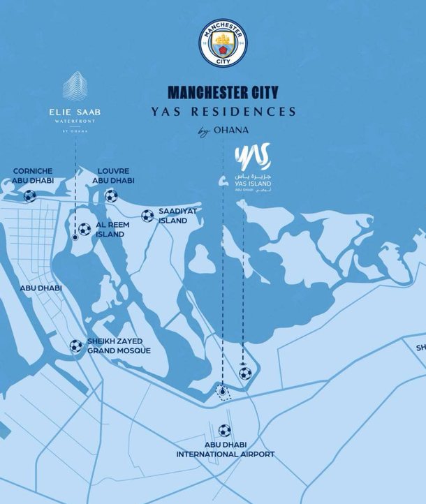 Map of Abu Dhabi with Manchester City Yas Residences on Yas Island, Saadiyat Island, Al Reem Island and the airport